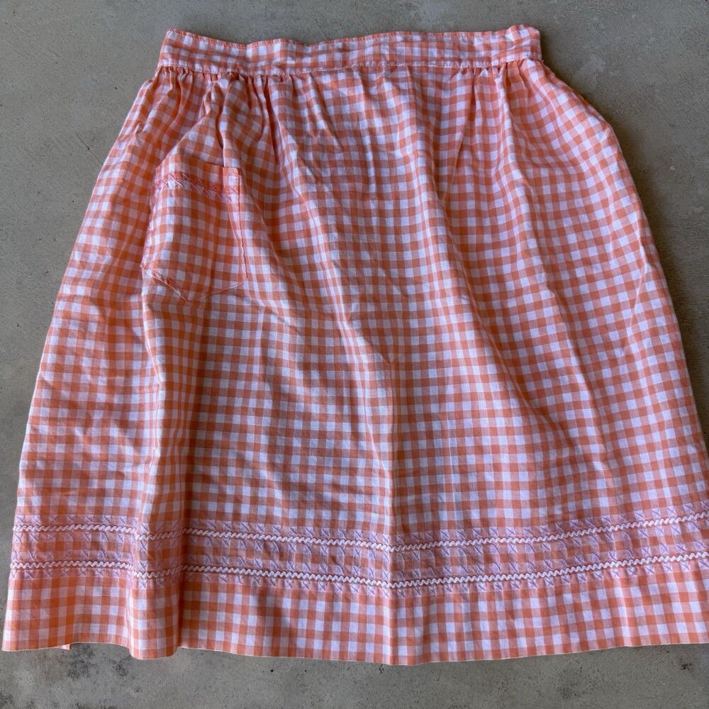Vintage Orange Gingham Half Apron Tie Back Kitchen Retro Check Pattern Cute